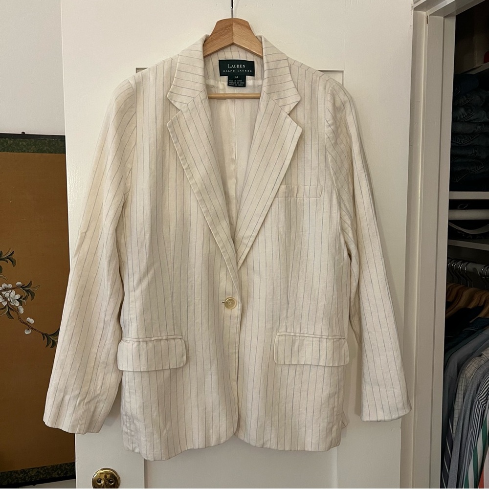 Oversized White & Blue Pinstripe 100% Linen Ralph Lauren Blazer